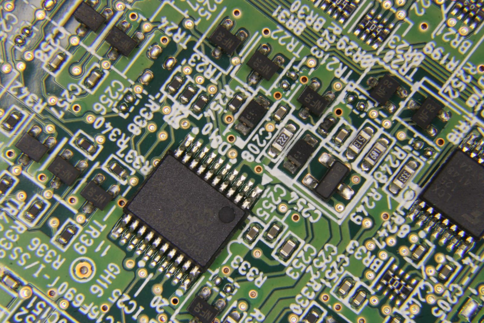 Close-up of a control circuit board with surface-mount components.
