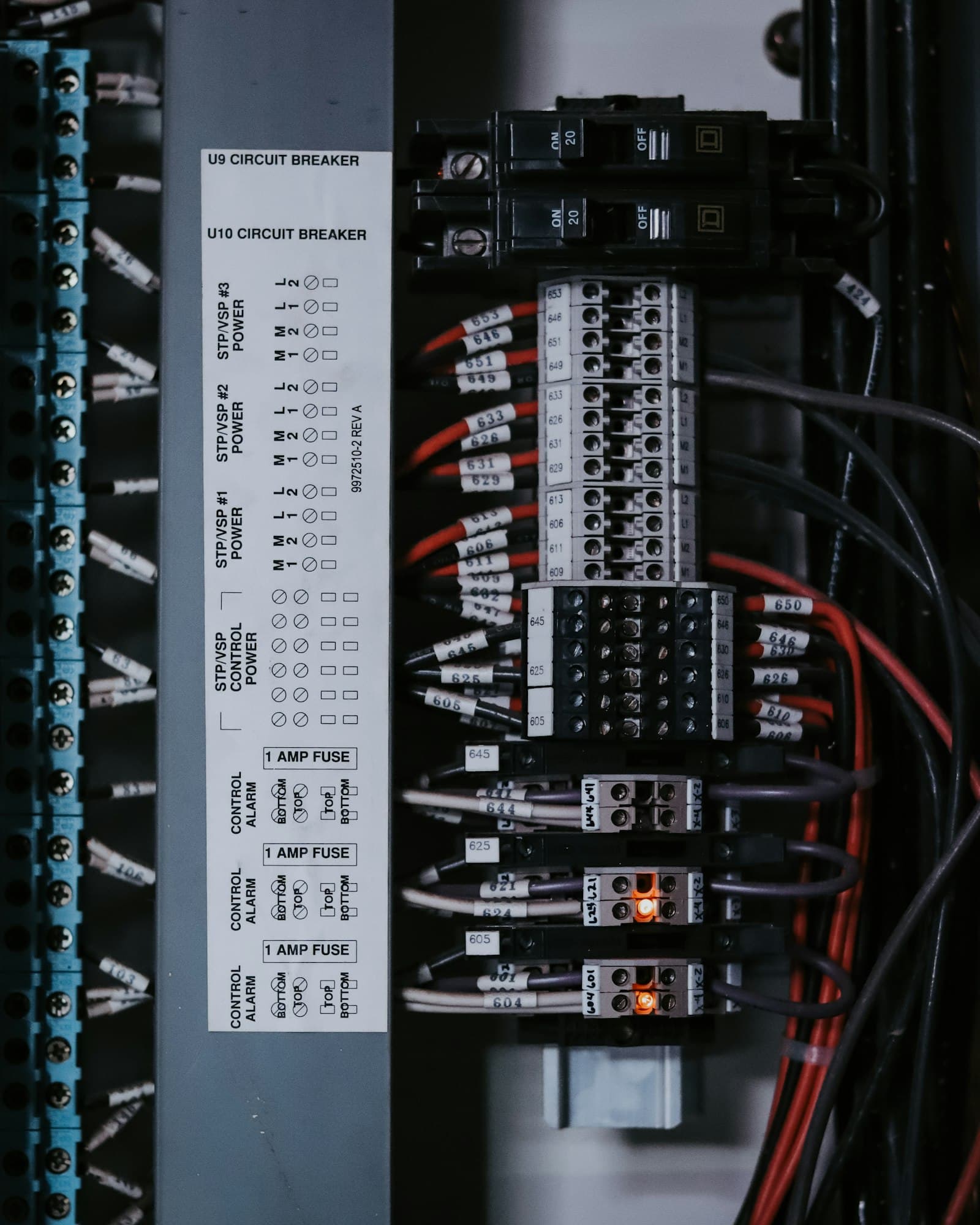 I/O modules and terminal wiring inside a control panel.