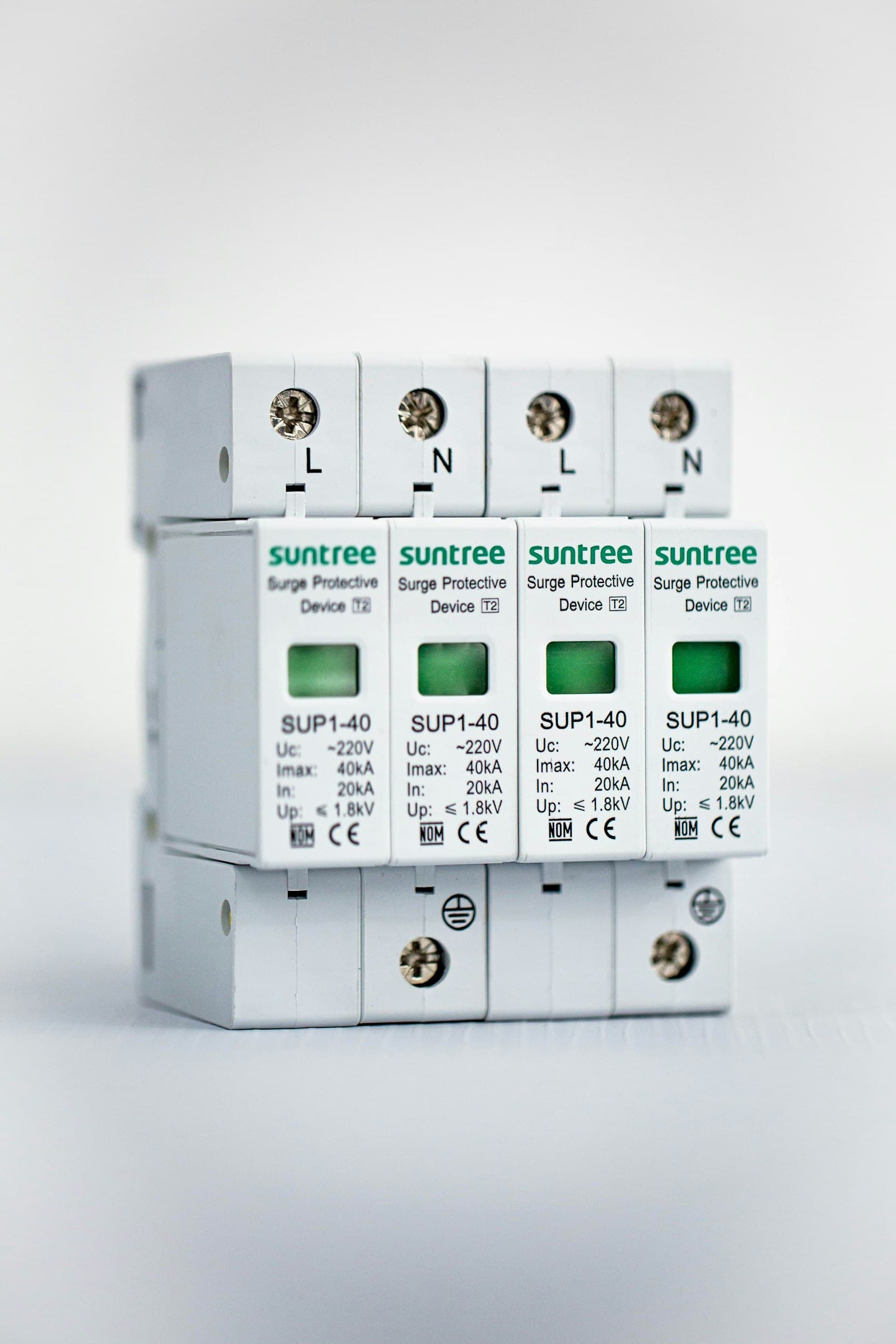 DIN-rail protection modules side by side.