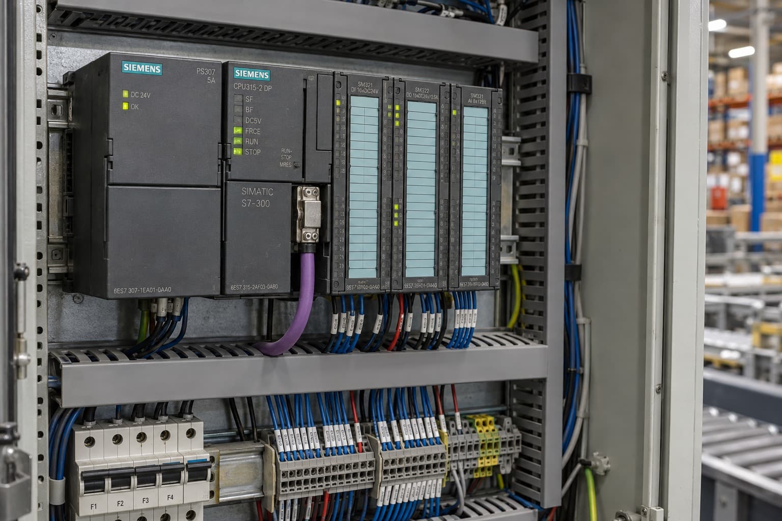 Illustration of a Siemens S7-300 rack with a CPU 315-2 DP and I/O modules in a control cabinet