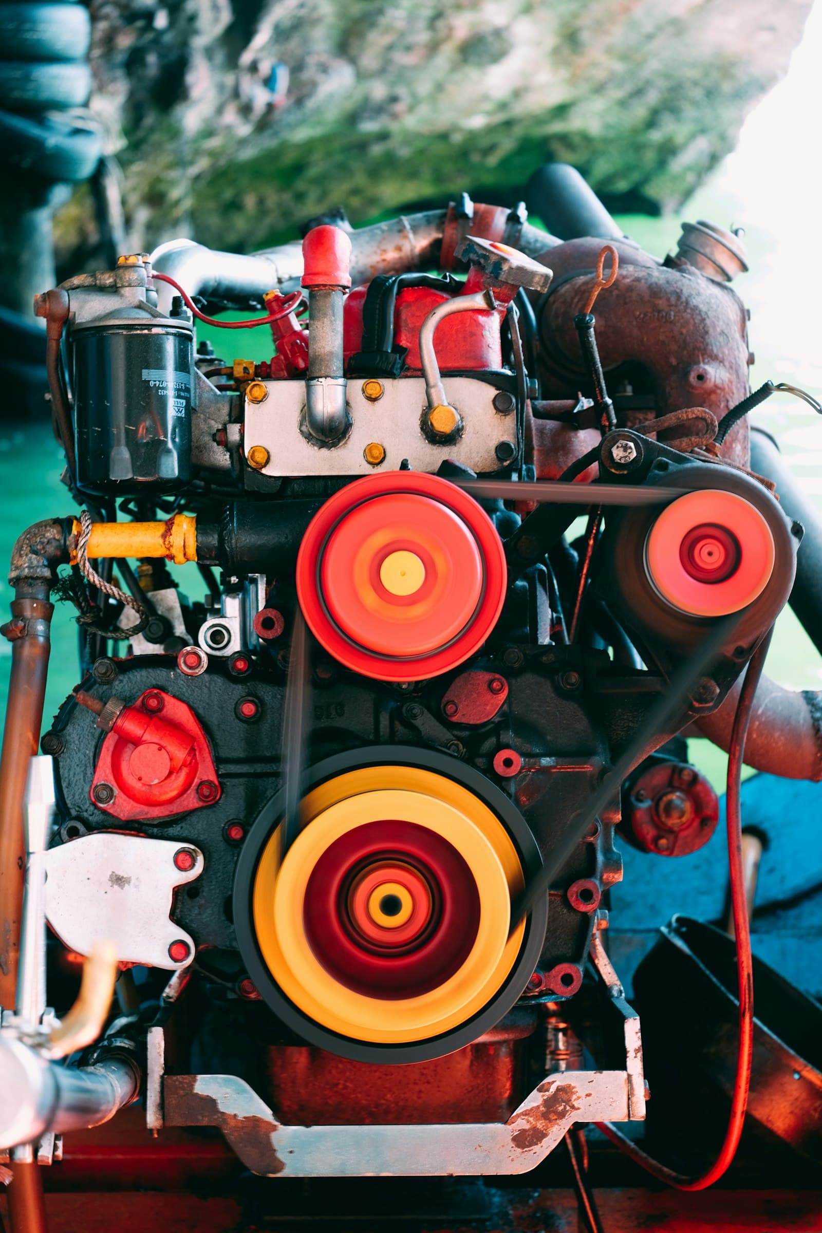 Diesel engine with fuel pump and pulleys.