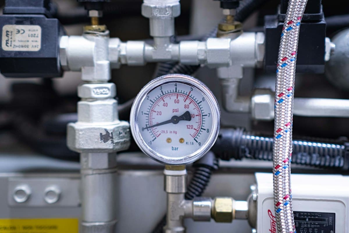 Pressure gauge and transmitter fittings on machinery.