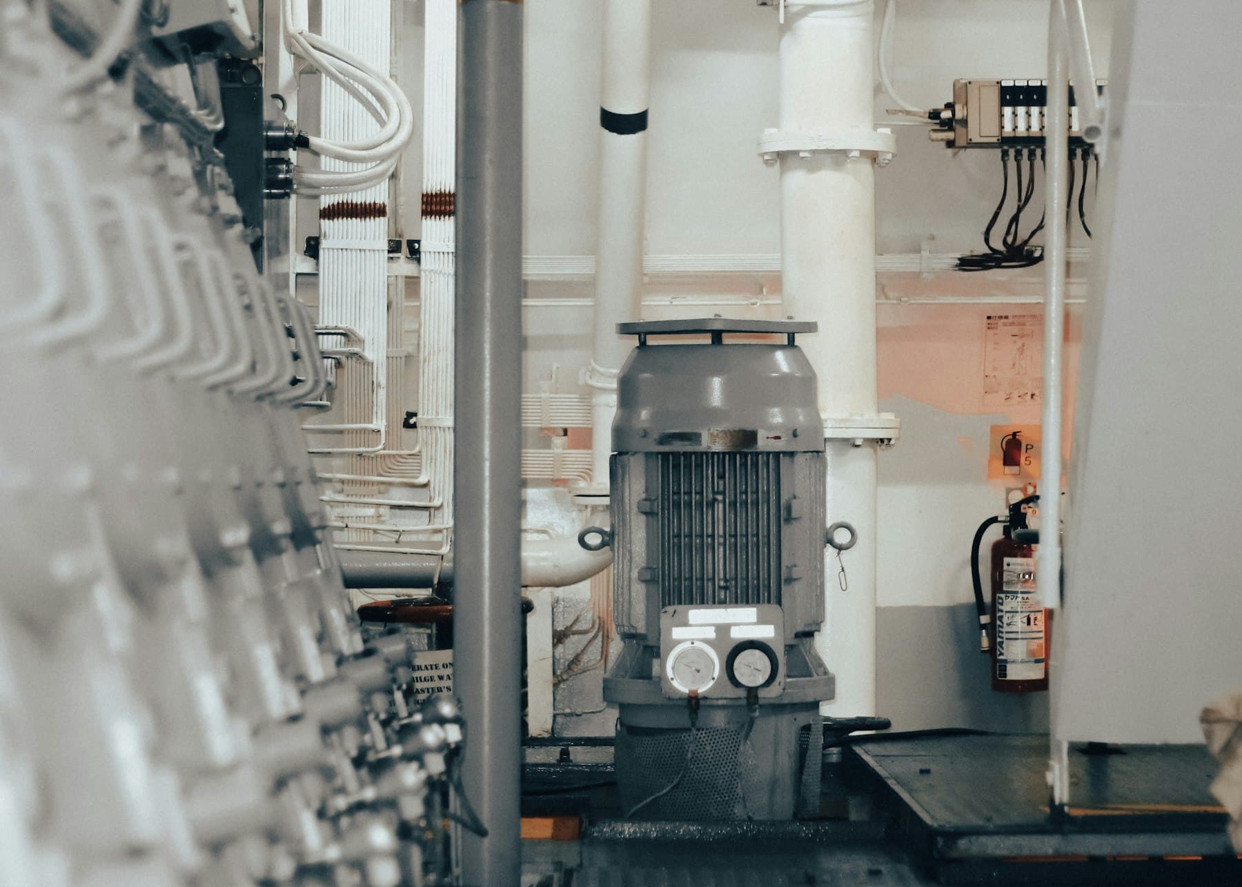 Electric motor installed on a plant floor between pipework.